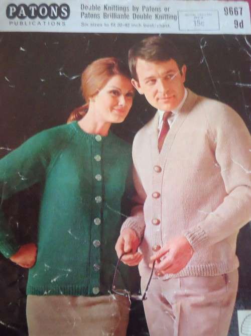 PATONS #9667 V NECK FOR HIM AND ROUND NECK FOR HER CARDIGAN SIZE 32-42`