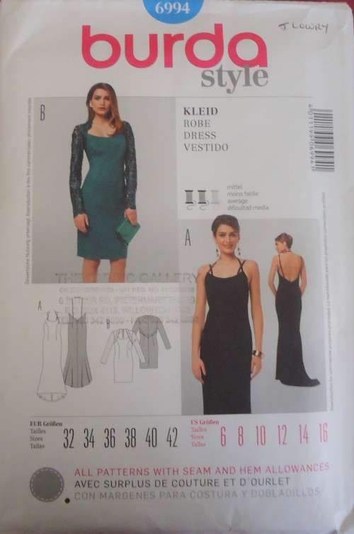 BURDA 6994  STUNNING CLOSE FITTING DRESS SIZES 6 - 16  COMPLETE & UNCUT