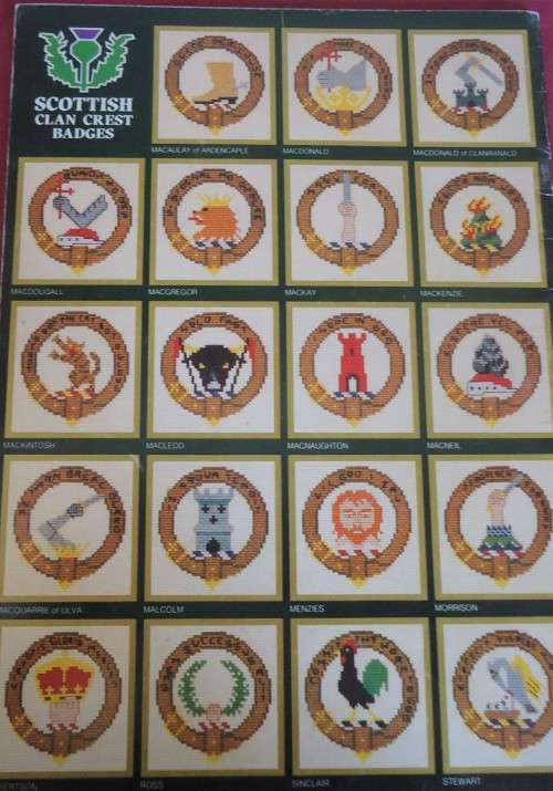 "SCOTTISH CLAN CREST BADGES VOL 1 " CROSS STITCH & NEEDLEPOINT COATS PUBLICATION # H1341-28 A4 PAGES