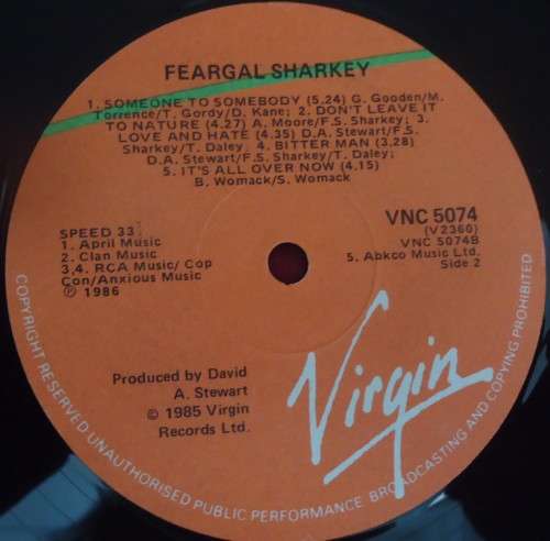 FEARGAL SHARKEY - SELF TITLED - 1986 VIRGIN VINYL LP  VNC 5074