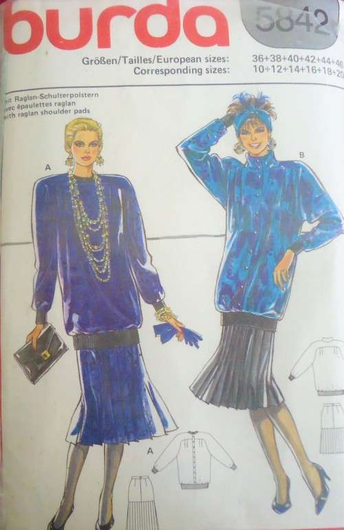 BURDA PATTERN 5842 BLOUSON TOP & SKIRT WITH PLEATS  SIZE 10-12-14-16-18-20 COMPLETE