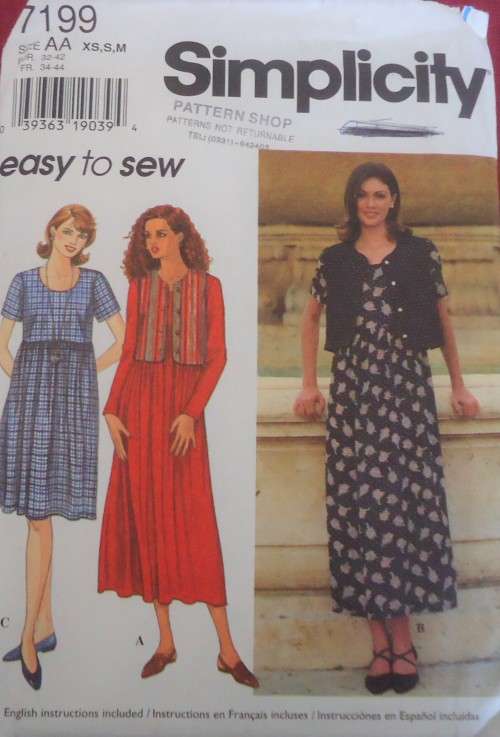 SIMPLICITY PATTERN 7199 DRESS & LINED WAISTCOAT SIZE AA=XS-S-M (6 - 14) COMPLETE
