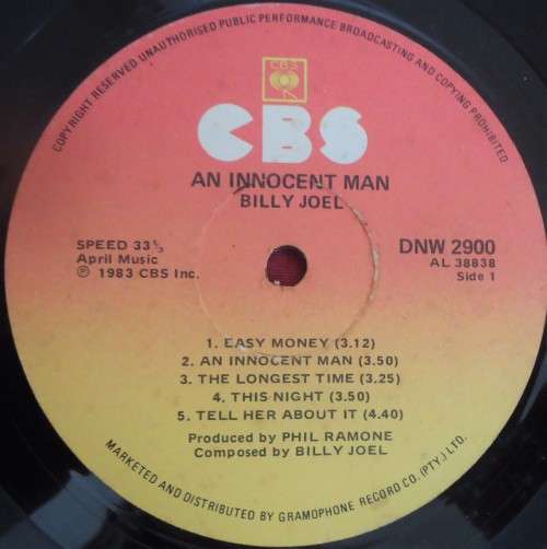BILLY JOEL - INNOCENT MAN- 1983 CBS VINYL LP WITH INNER SLEEVE DNW 2900