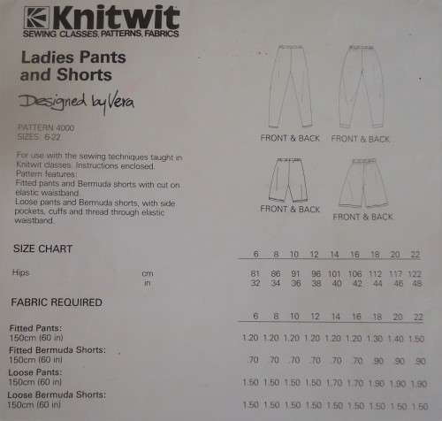 KNITWIT DESIGNER PATTERNS # 4000 LADIESPANTS & SHORTS -SIZES 6 - 22