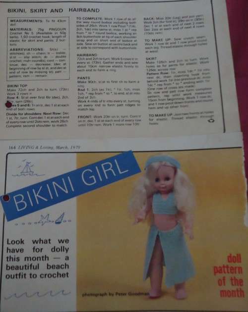 LIVING & LOVING - MARCH 1979 - BIKINI GIRL - BIKINI-SKIRT-HEADBAND - 43 CM DOLL