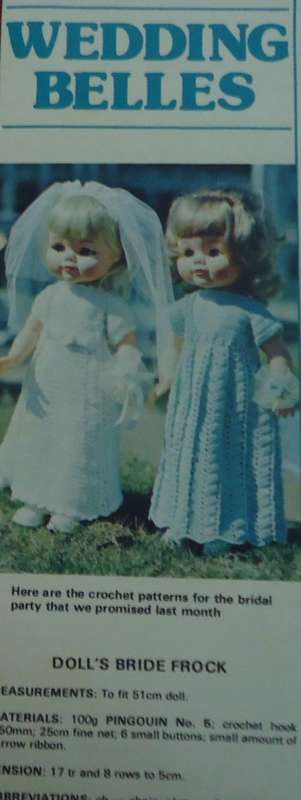 LIVING & LOVING-AUGUST 1977-DOLL PATTERN- WEDDING BELLES-BRIDAL FLOCK -BRIDE`S MAID DRESS-51 CM DOLL