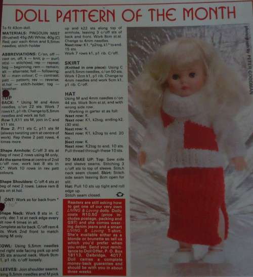 LIVING & LOVING-JUNE 1980-DOLL PATTERN OF THE MONTH - COWL TOP -SKIRT & HAT-43 CM DOLL