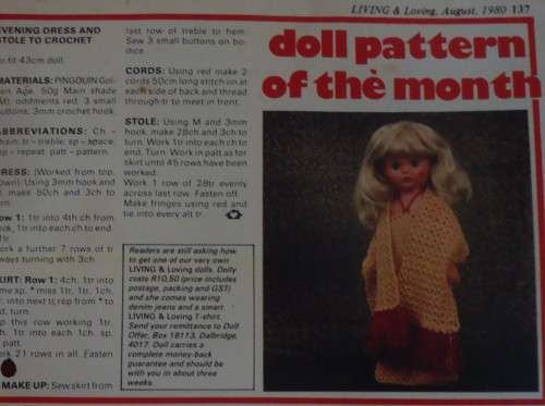 LIVING & LOVING-AUGUST 1980-DOLL PATTERN OF THE MONTH -EVENING DRESS & STOLE TO CROCHET-43 CM DOLL