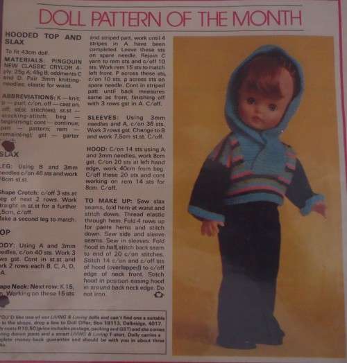 LIVING & LOVING JULY 1980  - HOODED TOP & SLAX - 43 CM DOLL