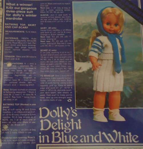 LIVING & LOVING APRIL 1979 -DOLLY`S DELIGHT IN BLUE & WHITE - BATWING TOP, SKIRT, & CAP - 43 CM DOLL