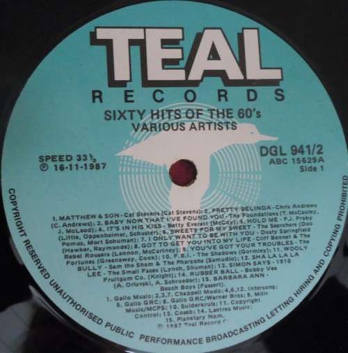 60 HITS OF THE SIXTIES -1987 DOUBLE TEAL VINYL LP SET - DGL 941/2