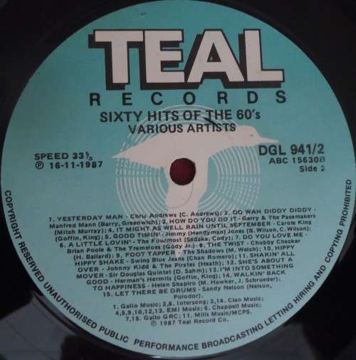 60 HITS OF THE SIXTIES -1987 DOUBLE TEAL VINYL LP SET - DGL 941/2