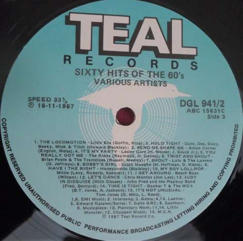 60 HITS OF THE SIXTIES -1987 DOUBLE TEAL VINYL LP SET - DGL 941/2
