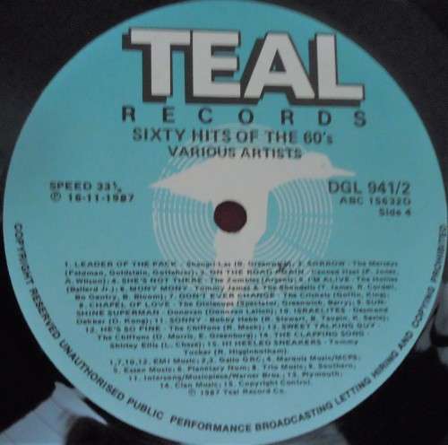 60 HITS OF THE SIXTIES -1987 DOUBLE TEAL VINYL LP SET - DGL 941/2