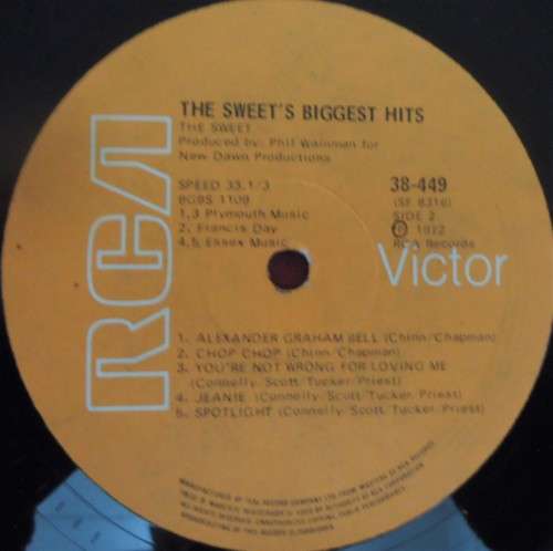 THE SWEET'S BIGGEST HITS - 1972 RCA VICTOR VINYL LP - 38-449
