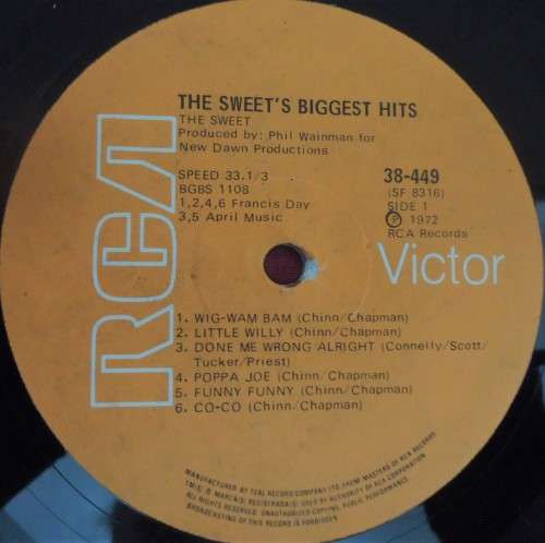 THE SWEET'S BIGGEST HITS - 1972 RCA VICTOR VINYL LP - 38-449