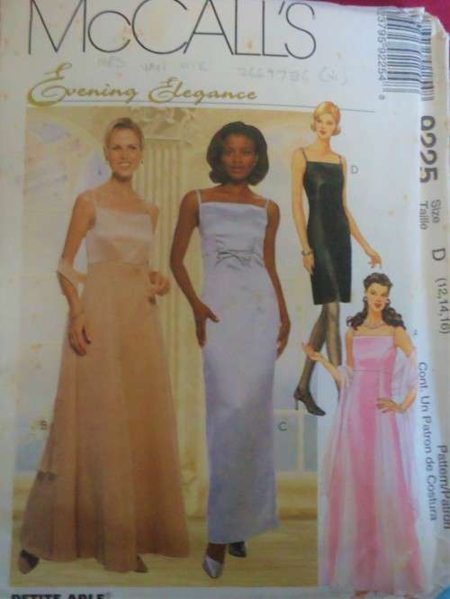 McCALL'S PATTERN 9225 EVENING LINED DRESS 7 SCARF SIZE D=12-14-16 FACTORY FOLDED-UNCUT