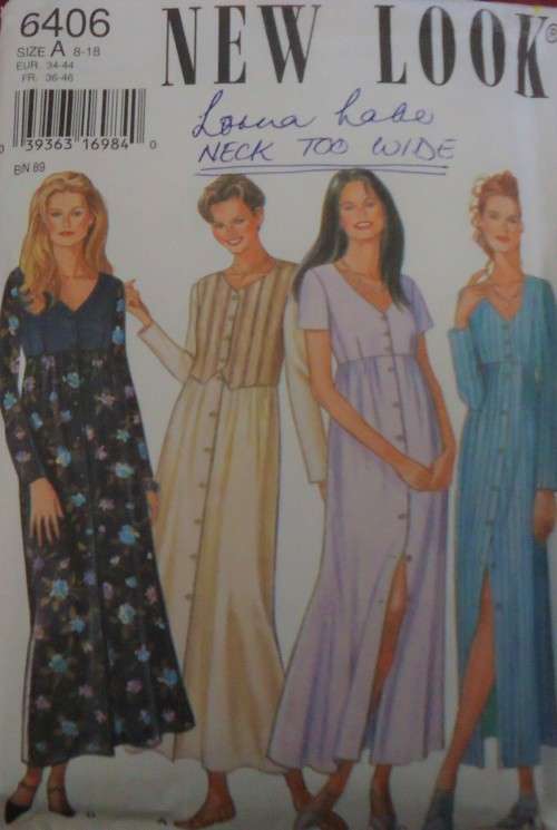 NEW LOOK PATTERNS 6406 V NECK FRONT BUTTON DRESSES SIZES 8 - 18 COMPLETE