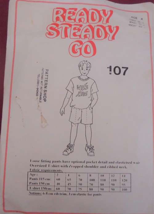 READY-STEADY-GO PATTERN-107 LOOSE FITTING PANTS+ELASTIC+OVERSIZE T-SHIRT  AGE 4 YEARS CHEST 55 CM