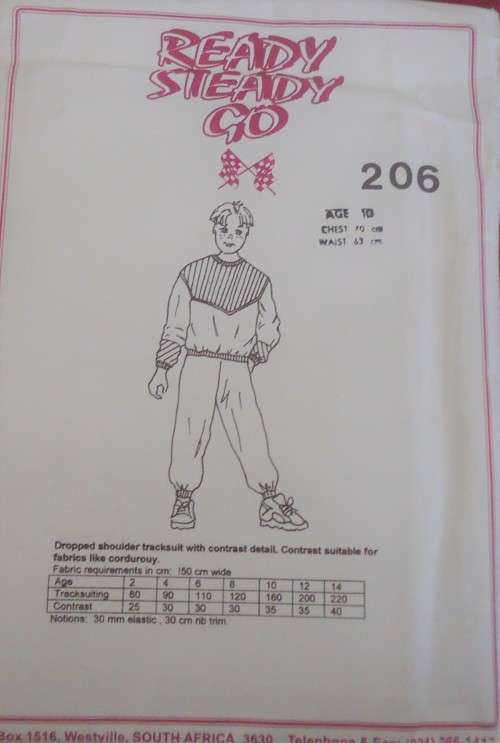 READY-STEADY-GO PATTERN-NUMBER 206 DROPPED SHOULDER TRACKSUIT SIZE 10 YRS CHEST 70 CM