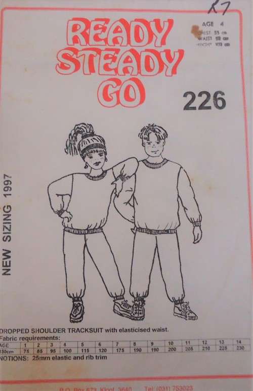 READY-STEADY-GO PATTERN-NUMBER 226 DROPPED SHOULDER TRACKSUIT SIZE 6 YRS CHEST 59 CM