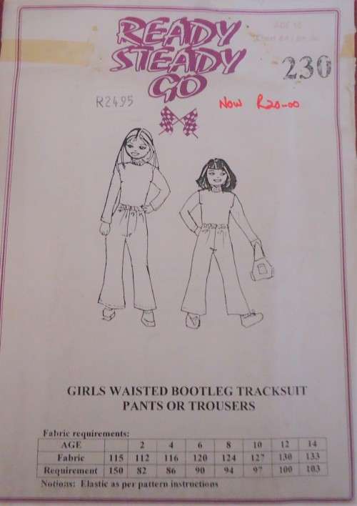 READY-STEADY-GO PATTERN-NUMBER 230 GIRLS WAISTED BOOTLEG TRACKSUIT PANTS  SIZE 14 YRS CHEST 84/86 CM