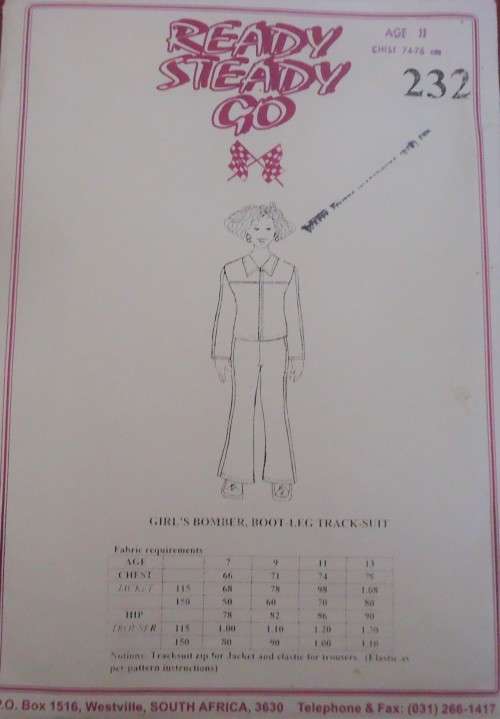 READY-STEADY-GO PATTERN-NUMBER 232 GIRLS BOMBER BOOTLEG TRACKSUIT  SIZE 11 YRS CHEST 74/76 CM