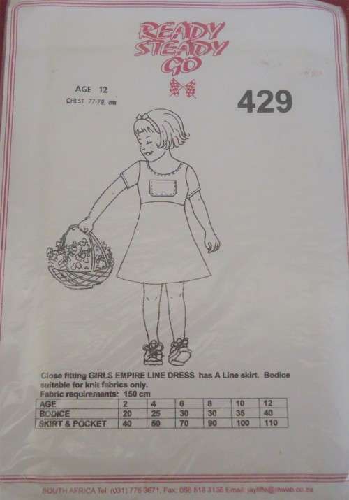 READY-STEADY-GO PATTERN-NUMBER 429 GIRL`S EMPIRE LINE DRESS AGE 12 CHEST 77/79 CM