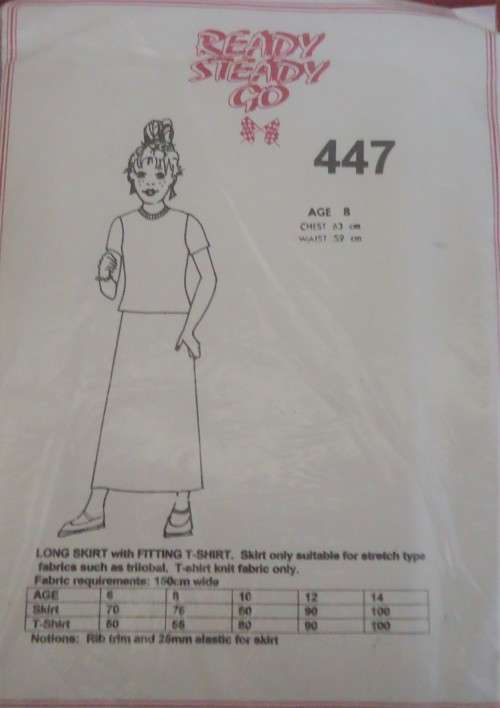 READY-STEADY-GO PATTERN-NUMBER 447 GIRLS LONG SKIRT+ FITTED T SHIRT SIZE 6 YRS  CHEST 59 WAIST 55 CM