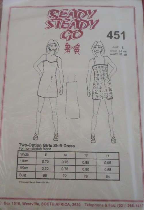 READY-STEADY-GO PATTERN-NUMBER 451 2 OPTION SHIFT DRESS SIZE 8 YRS  CHEST 63 WAIST 59 CM