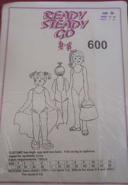 READY-STEADY-GO PATTERN-NUMBER 600 GIRL'S COSTUME+ HIGH LEGS LOW BACK SIZE 10 YRS CHEST 70 CM