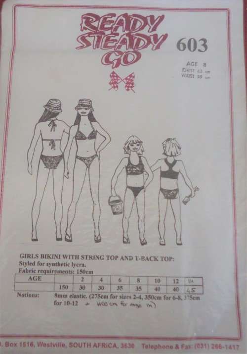 READY-STEADY-GO PATTERN-NUMBER 603 GIRLS HIGH LEGGED BIKINI WITH T BACK SIZE 2 YRS CHEST 52 CM