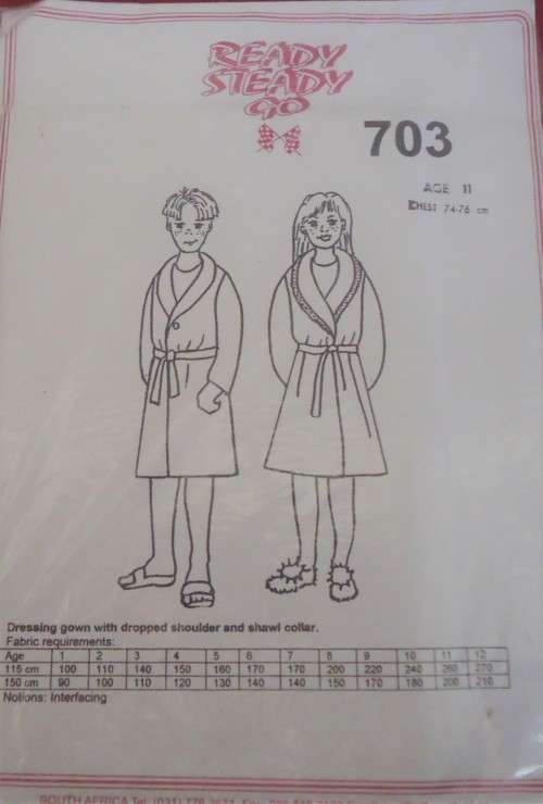 READY-STEADY-GO PATTERN 703 DRESSING GOWN WITH DROPPED SHOULDER & SHAWL COLLAR- AGE 8 CHEST 63 CM