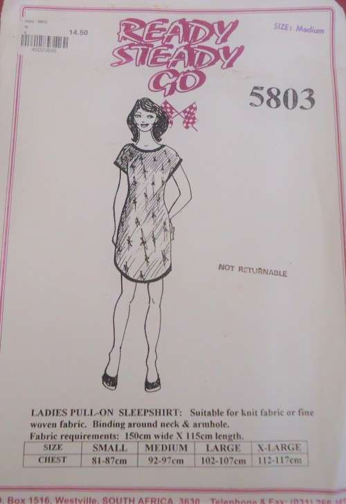 READY-STEADY-GO PATTERN - # 5803 LADIES PULL ON SLEEP SHIRT SIZE MEDIUM 92 - 97 CM COMPLETE