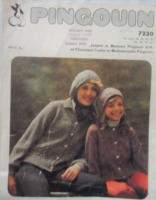 PINGOUIN #7220 MOTHER & DAUGHTER BATTLE DRESS JACKET CARDIGAN & BERET   TO FIT 26 - 38`