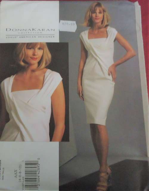VOGUE PATTERN V1087 DONNA KARAN- DRESS+ PLEATS & TUCKS SIZES 4-6-8-10 COMPLETE-UNCUT-FACTORY FOLDED