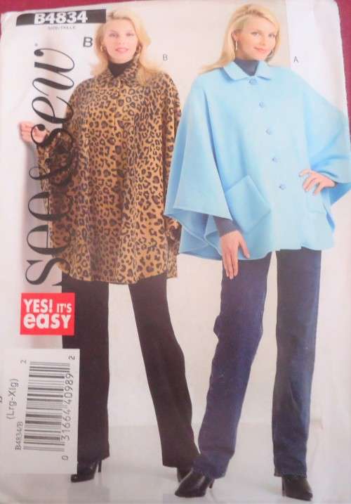 BUTTERICK PATTERN B4834  PONCHO SIZE B=LARGE-XLARGE (16-22) COMPLETE-UNCUT-FACTORY FOLDED