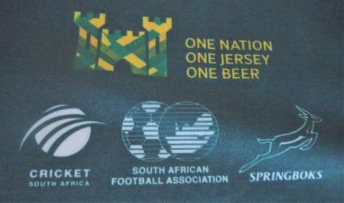 CASTLE LAGER SPRINGBOK SPORTS JERSEY WITH S.A. CRICKET-FOOTBALL-RUGBY LOGOS- IN SIZES  XL & XXL