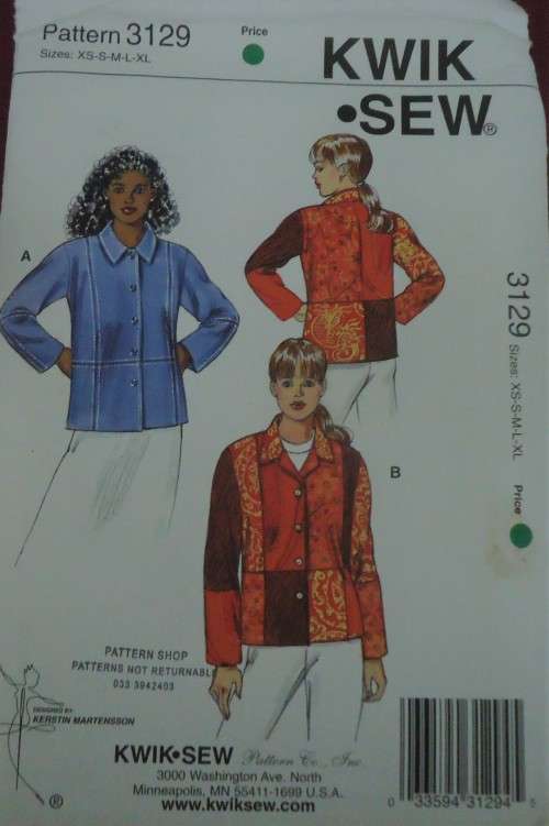 KWIK SEW PATTERNS 3129 LADIES JACKET -SIZES X-SMALL-SMALL-MEDIUM-LARGE-XLARGE-COMPLETE-UNCUT-F/FOLDE
