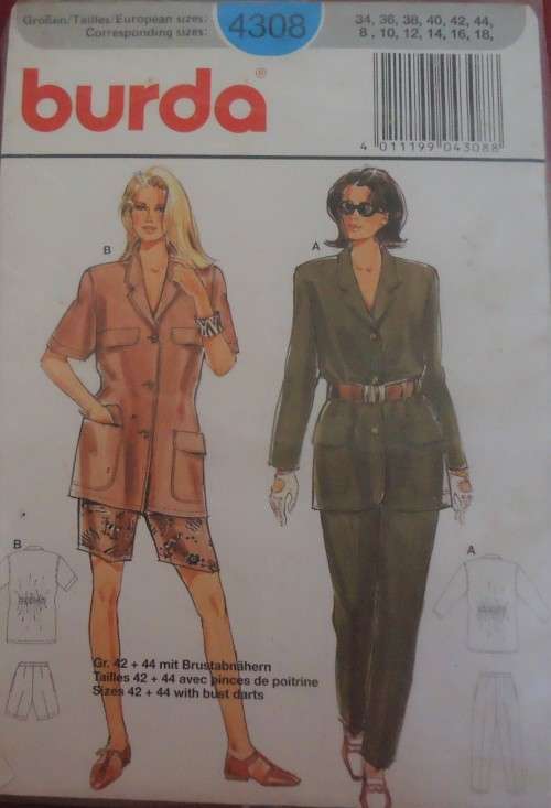 BURDA PATTERN 4308 JACKET-PANTS-SHORTS SIZES  8 + 10 +12 + 14 + 16 + 18 - COMPLETE
