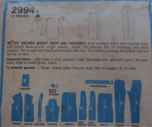 STYLE 2994 UNLINED JACKET-SKIRT-PANTS SIZE 14 BUST 92 CM  - COMPLETE