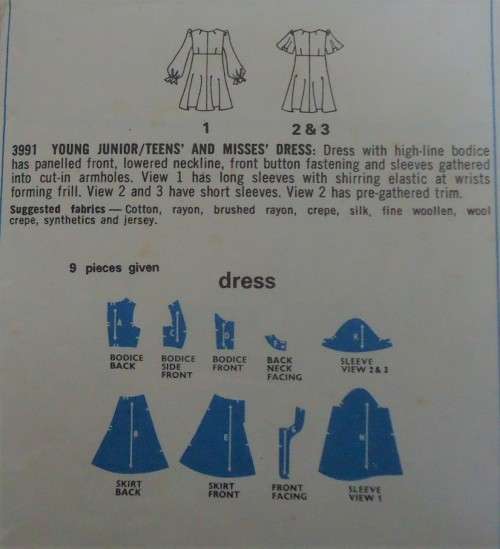 STYLE 3991  JUNIOR/TEEN DRESS SIZE 14 BUST 36" COMPLETE