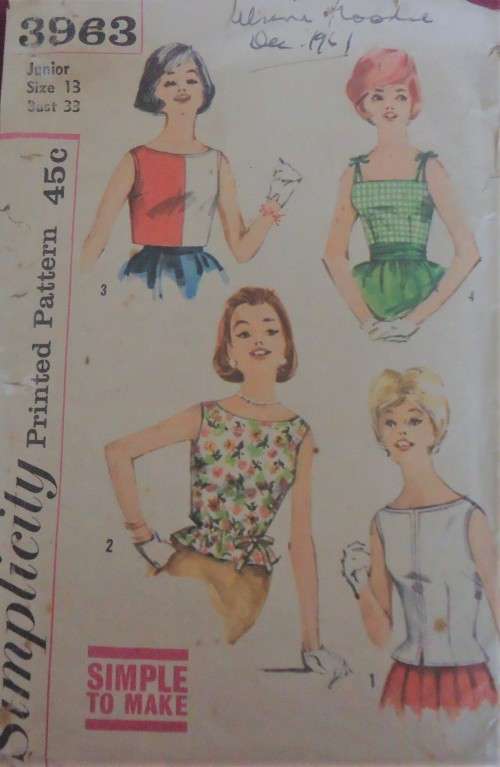 VINTAGE SIMPLICITY 3963  JUNIOR SET OF TOPS SIZE 13 BUST 33"  -COMPLETE