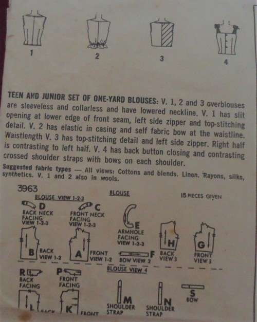 VINTAGE SIMPLICITY 3963  JUNIOR SET OF TOPS SIZE 13 BUST 33"  -COMPLETE