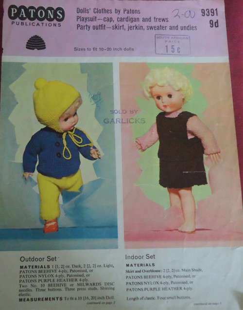 PATONS 9391 DOLL`S OUTFITS PLAYSUIT& PARTY OUTFIT SIZE 10 - 20` DOLL