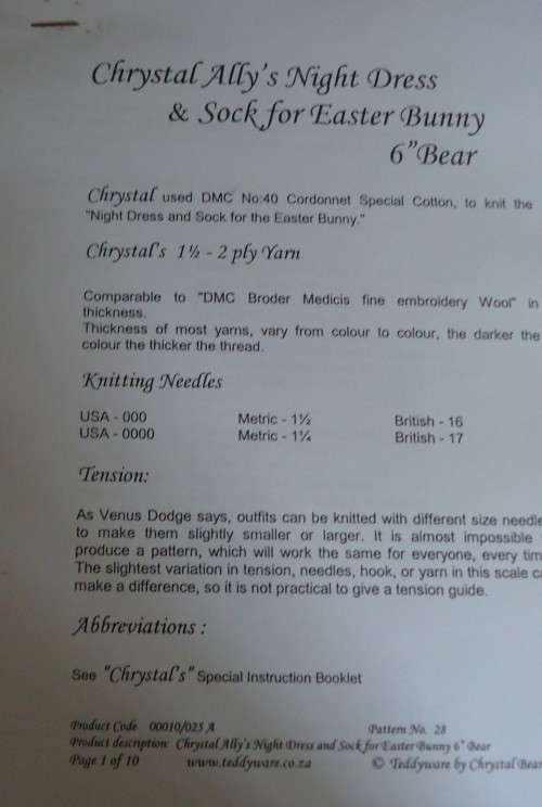 CHRYSTAL ALLY`S NIGHT DRESS & SOCK FOR EASTER BUNNY 6` BEAR- KNITTING  PATTERN & INSTRUCTIONS