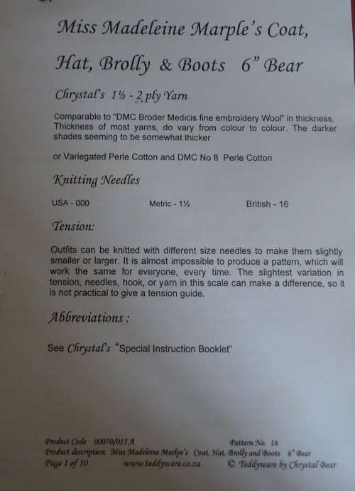 MISS MADELEINE MARLE`S COAT, HAT, BROLLY & COAT FOR  6` BEAR- KNITTING  PATTERN & INSTRUCTIONS