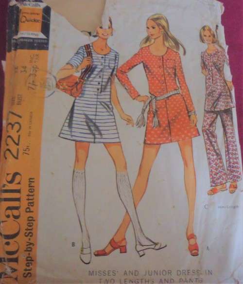 RETRO McCALL'S PATTERN 2237 RETRO DRESS & PANTS  SIZE 12 BUST 34" COMPLETE