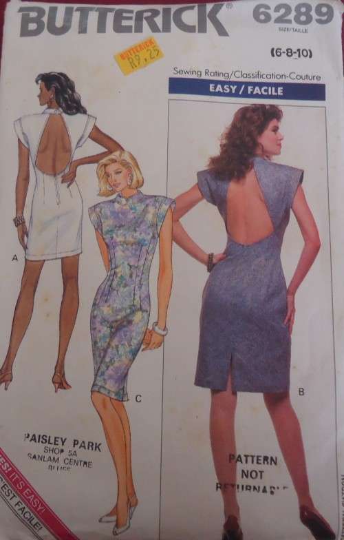BUTTERICK 6289 -MANDARIN COLLAR DRESS WITH BACK FEATURE  SIZE 6-8-10 COMPLETE