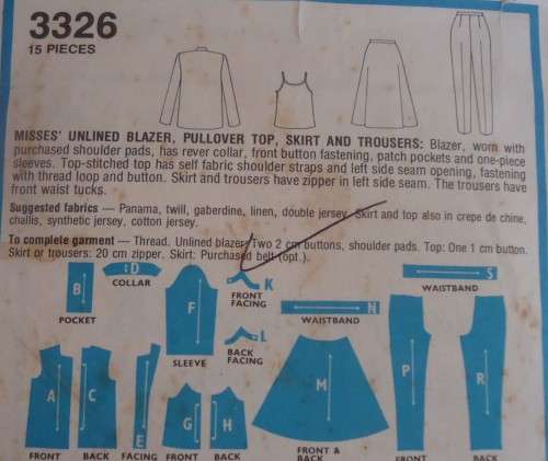 STYLE 3326 UNLINED BLAZER-PULLOVER TOP-SKIRT-PANTS SIZE12 BUST 87 CM  COMPLETE